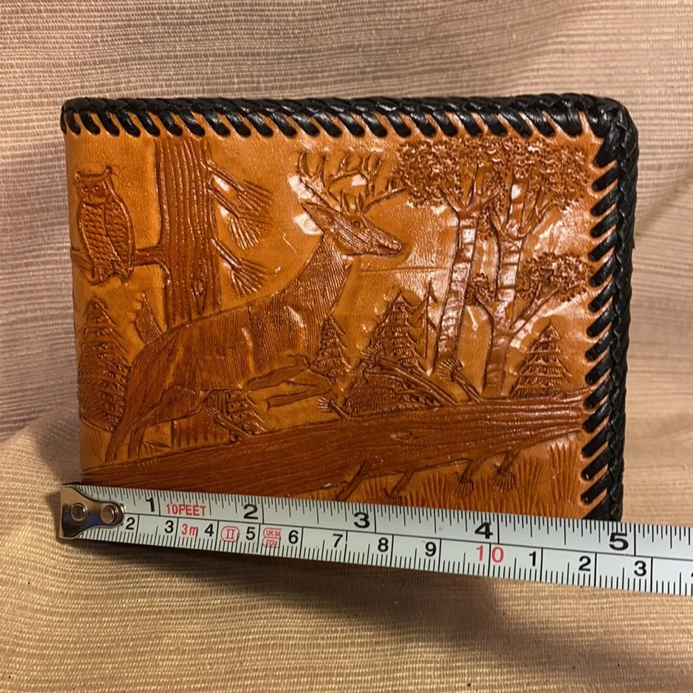 Handmade leather wallet w/hunting scene deer, owl